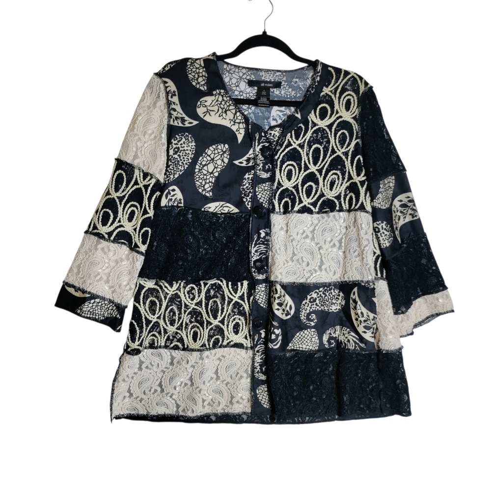 Ali Miles Women Black White Lace Patchwork Paisley Tunic Top S A34827JM